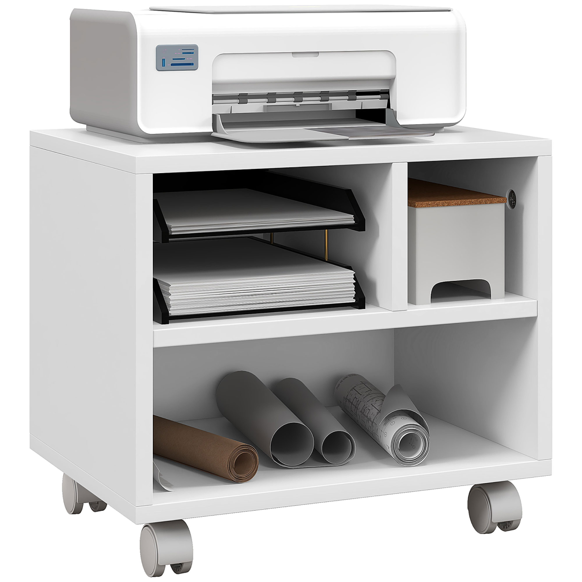 HOMCOM White Printer Stand with Storage and Wheels for Home Office