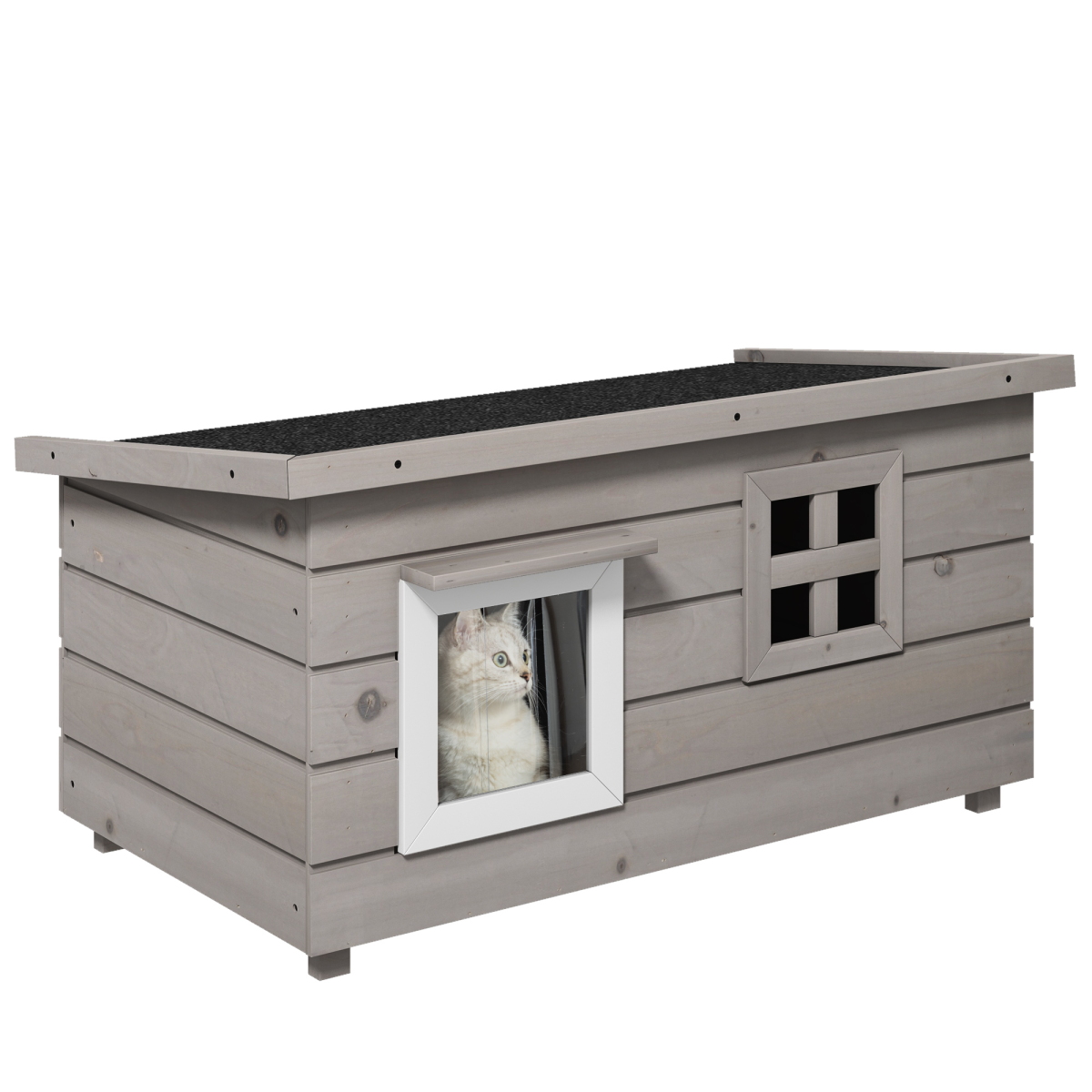PawHut Wooden Outdoor Cat House with Openable Top, Asphalt Roof, Grey