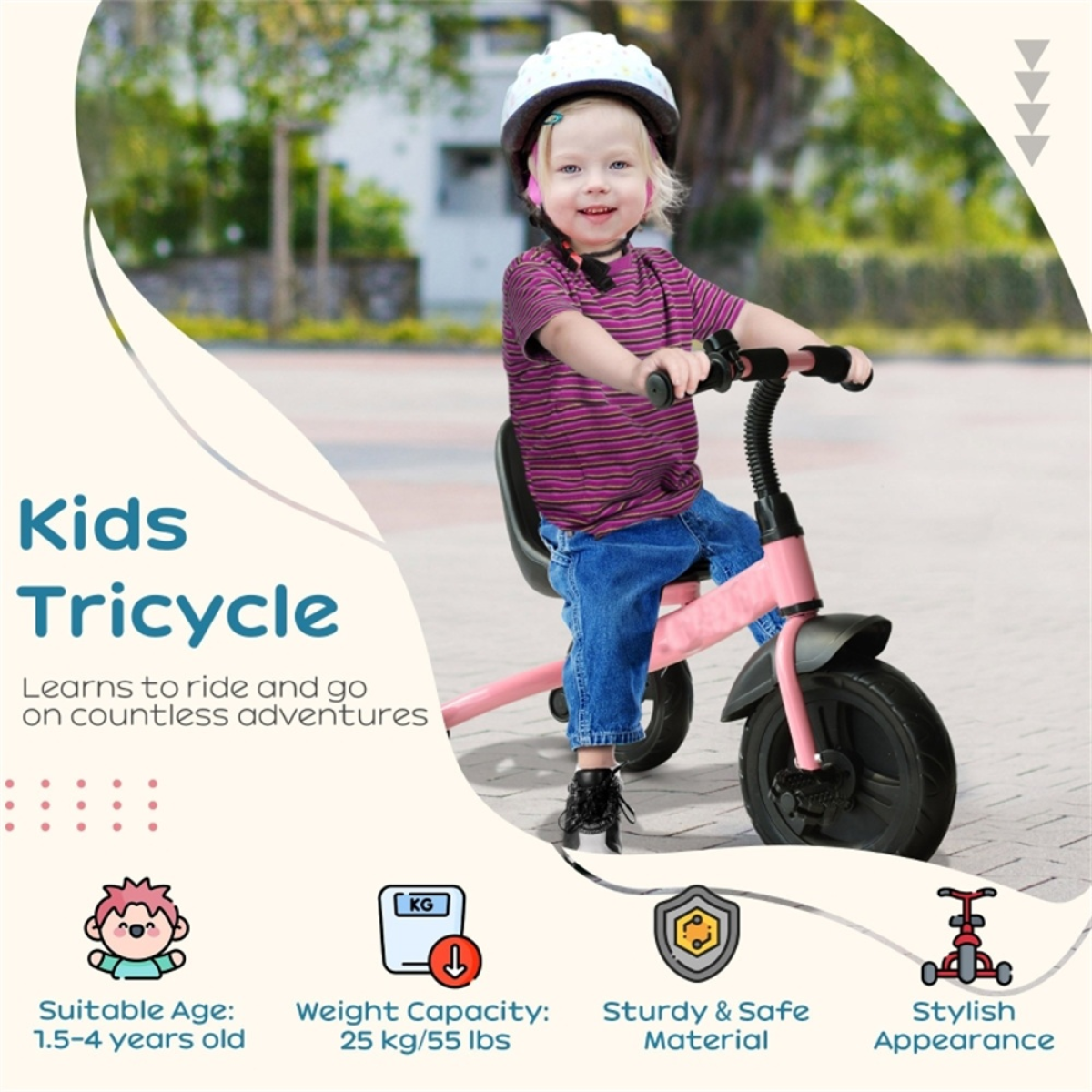 Kids Tricycle for Ages 2-5, Pink, Steel Frame, 55 lb Capacity
