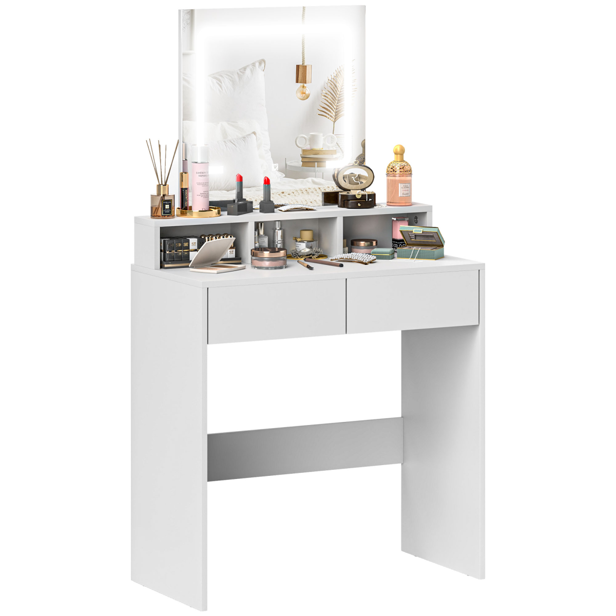 HOMCOM Dressing Table with Mirror, LED Lights, 2 Drawers, White