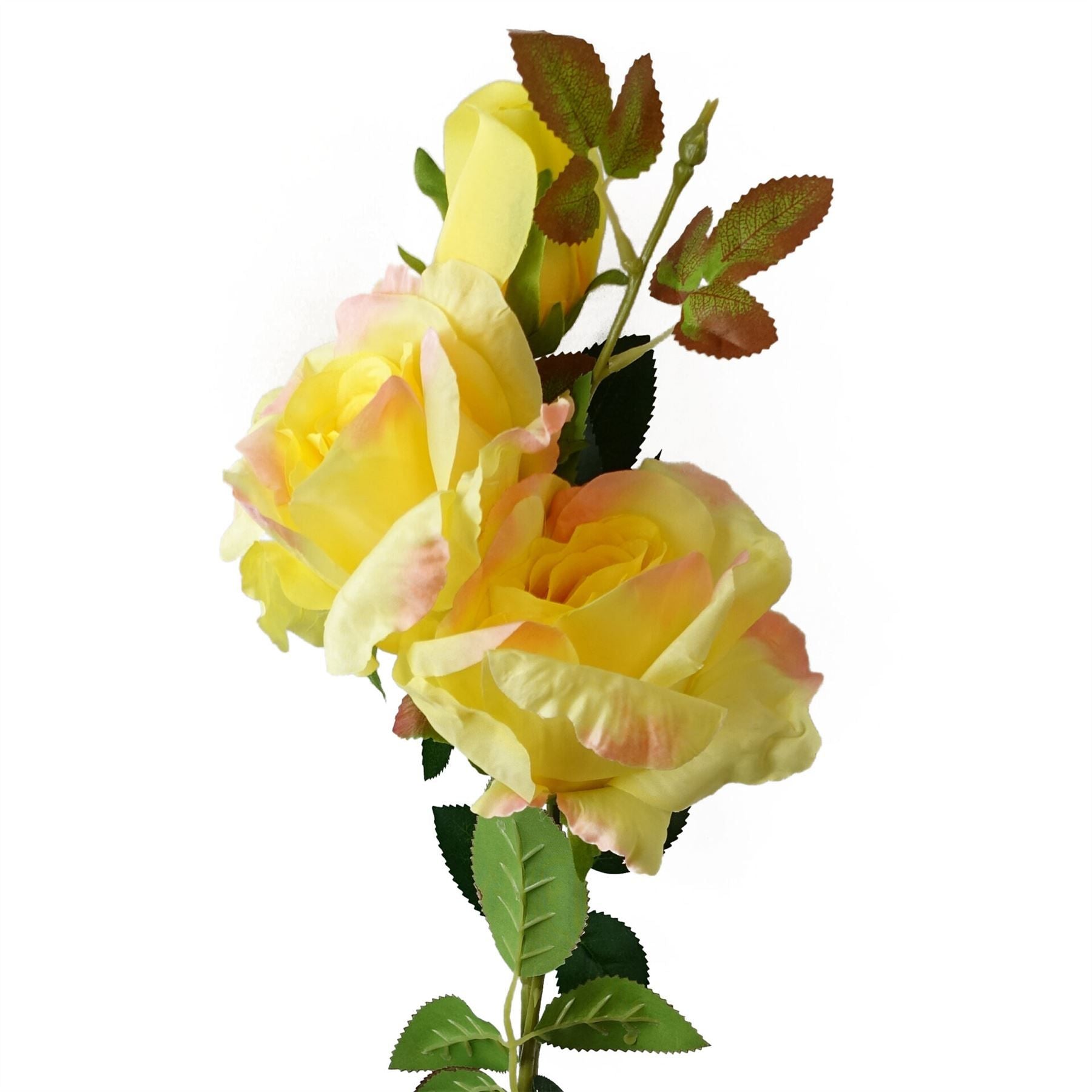 Leaf 80cm Artificial Yellow Silk Rose Stem with 2 Flowers and Bud