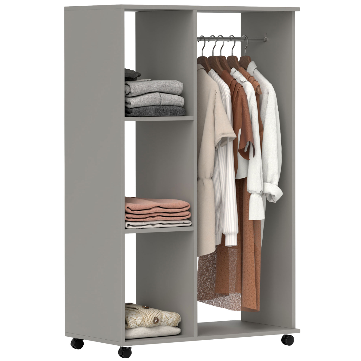HOMCOM Rolling Open Wardrobe with Hanging Rail & Shelves, Grey