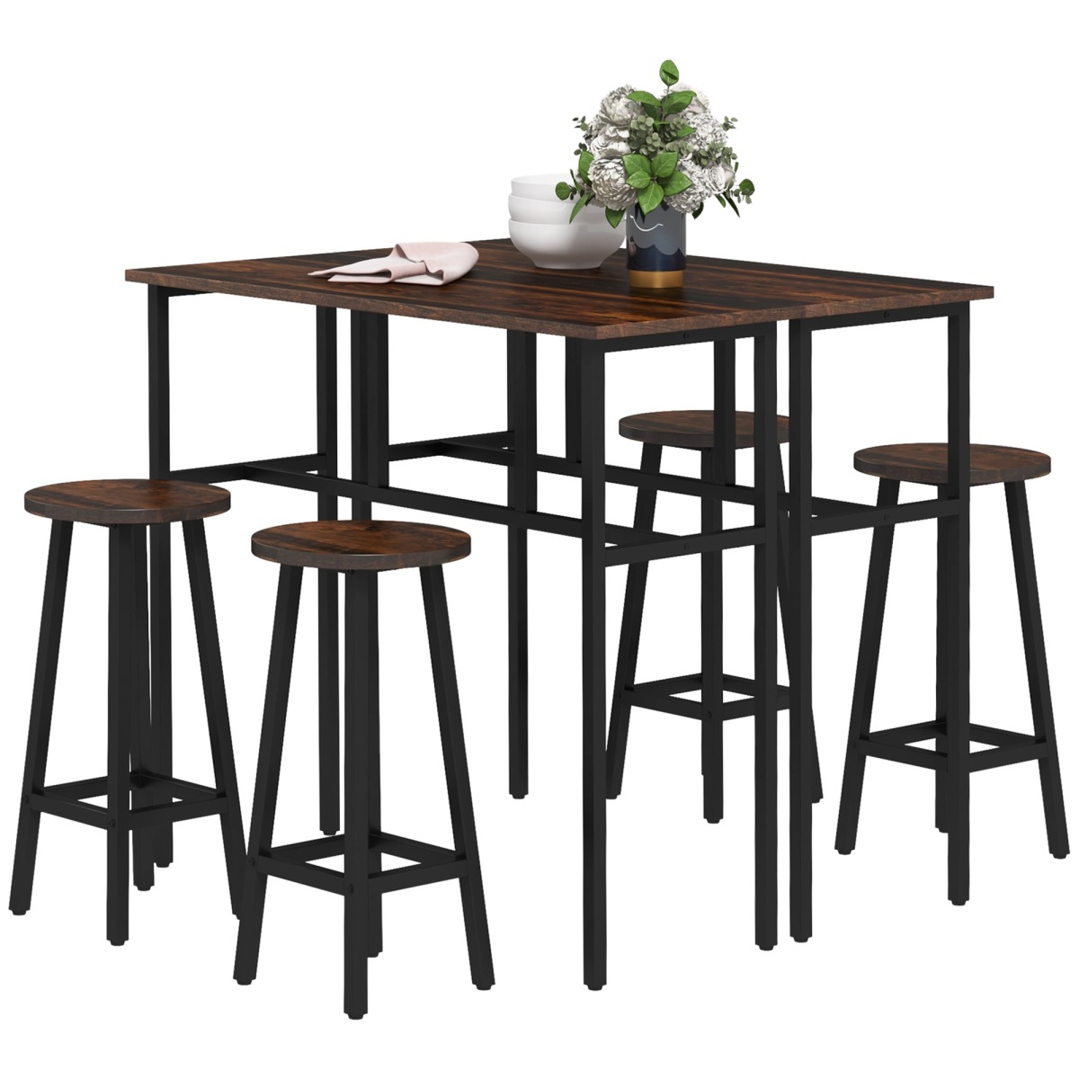 HOMCOM 6-Piece Industrial Bar Table Set, 2 Tables 4 Stools, Brown