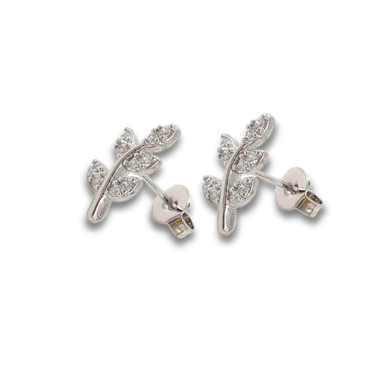 Sterling Silver Plated Leaf Stud Earrings with Cubic Zirconia