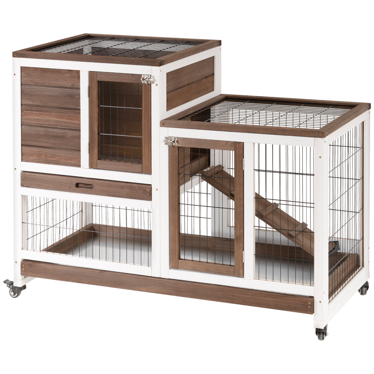 Wooden Rabbit Hutch with Wheels, Indoor Small Pet Cage 110 x 50 x 86cm