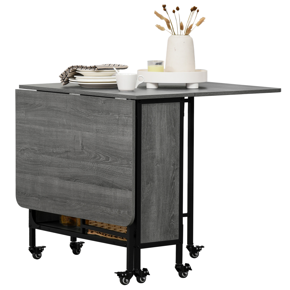 HOMCOM Mobile Drop Leaf Dining Table with Storage Shelf and Lockable Wheels