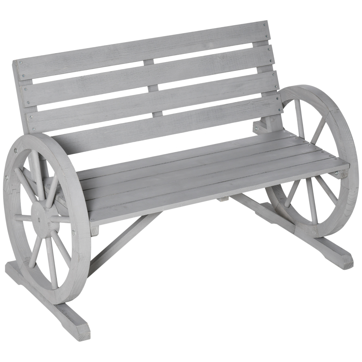 Outsunny 2-Seater Solid Fir Wood Garden Bench with Wagon Wheel Armrests, High Back, Grey
