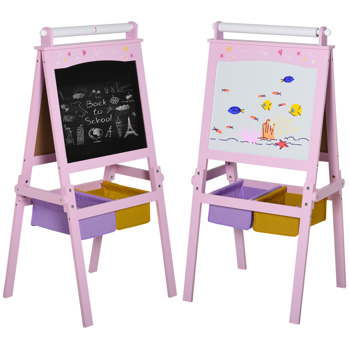Kids Wooden Art Easel with Paper Roll, Double-Sided Chalkboard and Whiteboard