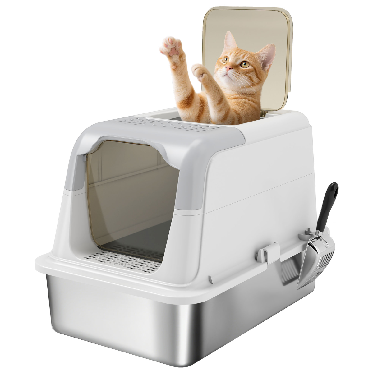PawHut Enclosed Stainless Steel Cat Litter Box with Scoop