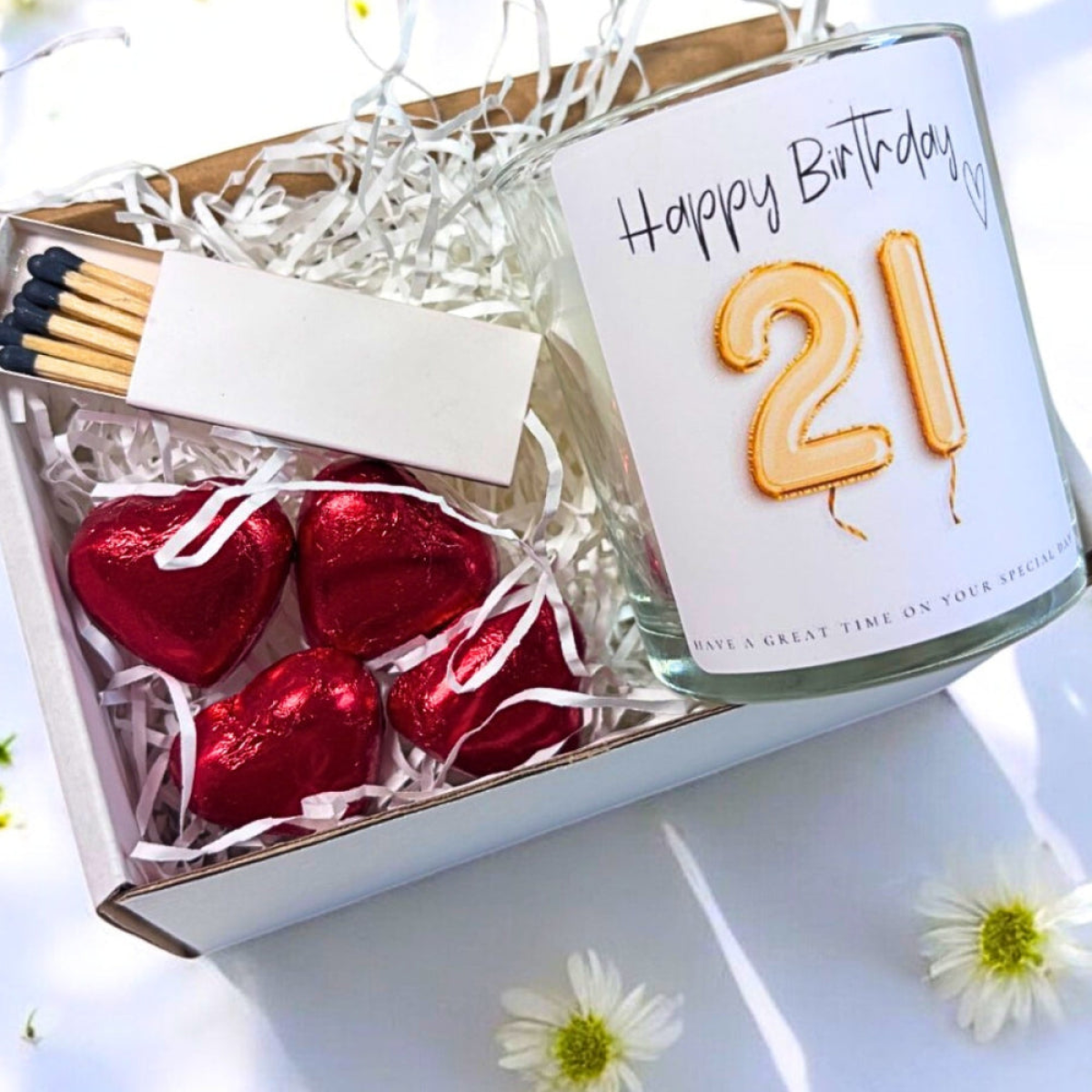 21st Birthday Gold Balloons Candle Gift Set with Matches, Chocolates & Fresh Linen Scent
