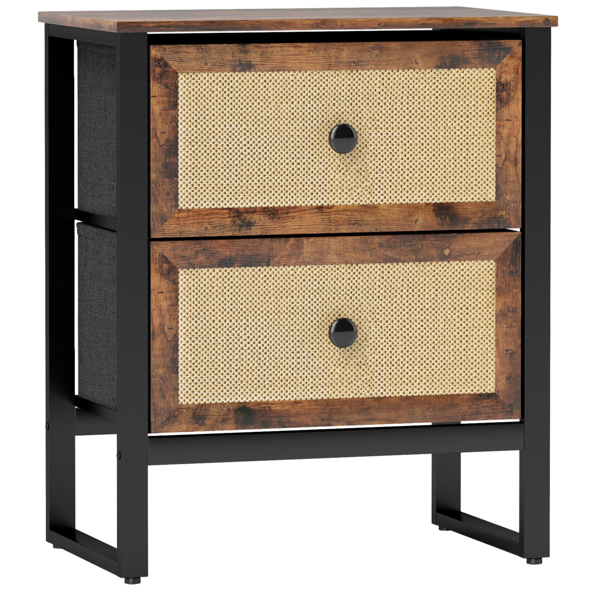 HOMCOM Rustic Brown Bedside Table with 2 Rattan Drawers, Steel Legs