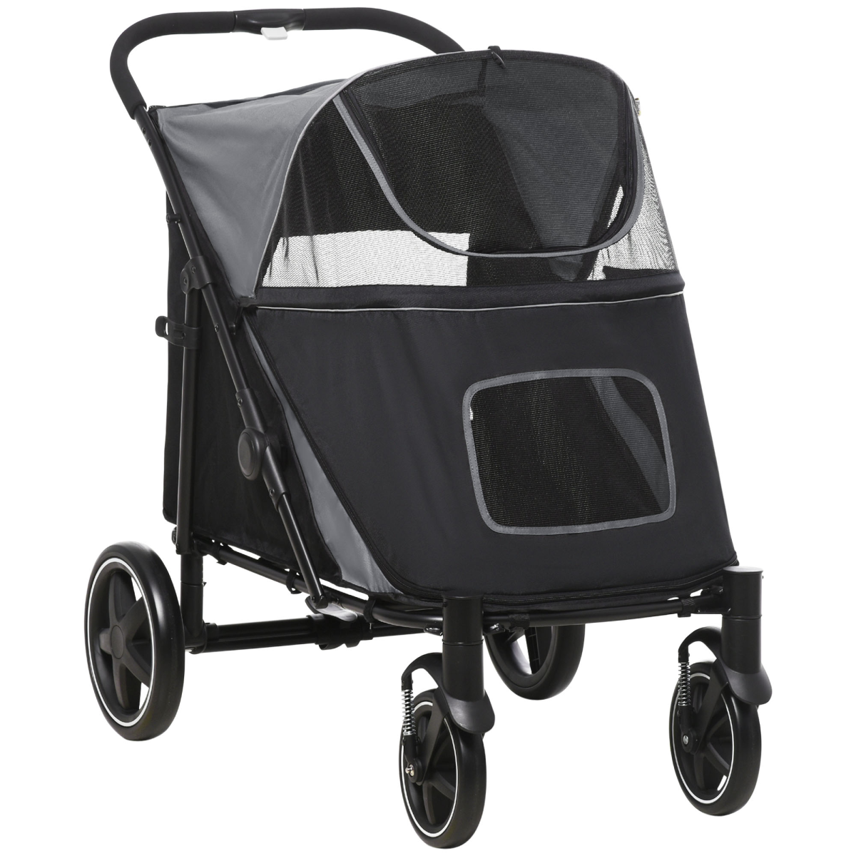 PawHut Foldable Dog Pram with Universal Front EVA Wheels, Safety Leashes, Steel Frame, Grey and Black