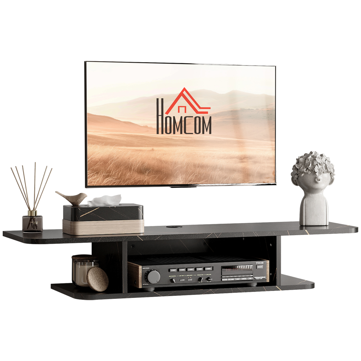 Floating Wall-Mounted TV Unit with Storage Shelf, Black