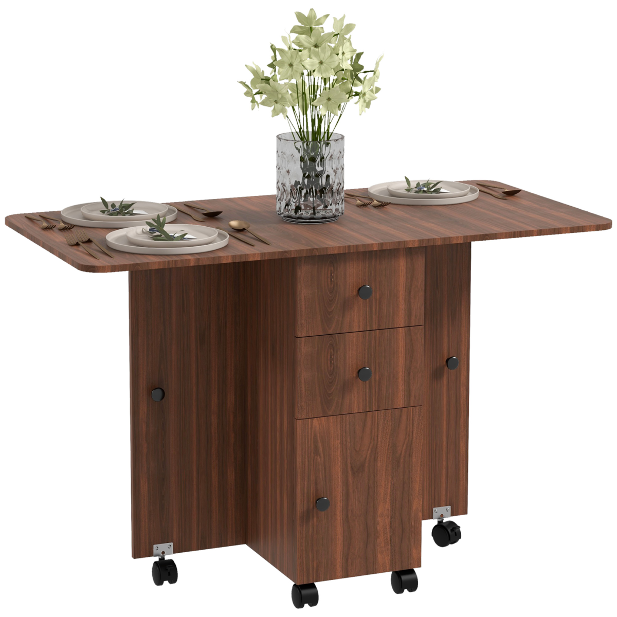 HOMCOM Folding Drop Leaf Dining Table with Drawers, Distressed Brown