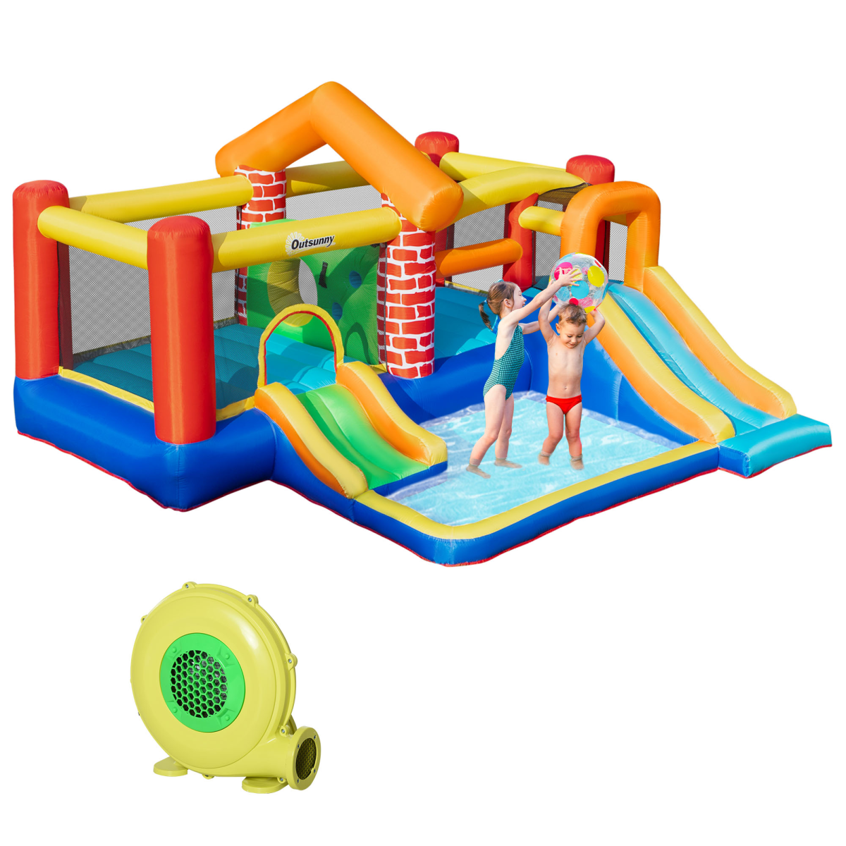 Kids Inflatable Bouncy Castle with 2 Slides, Pool, Trampoline & Blower