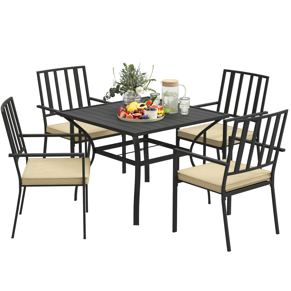 Outsunny 5-Piece Outdoor Garden Dining Set with 4 Stackable Cushioned Armchairs and Metal Table