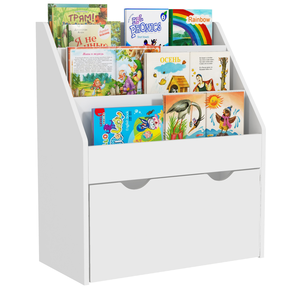 AIYAPLAY Kids Bookcase with 3-Tier Shelves and Drawer, White