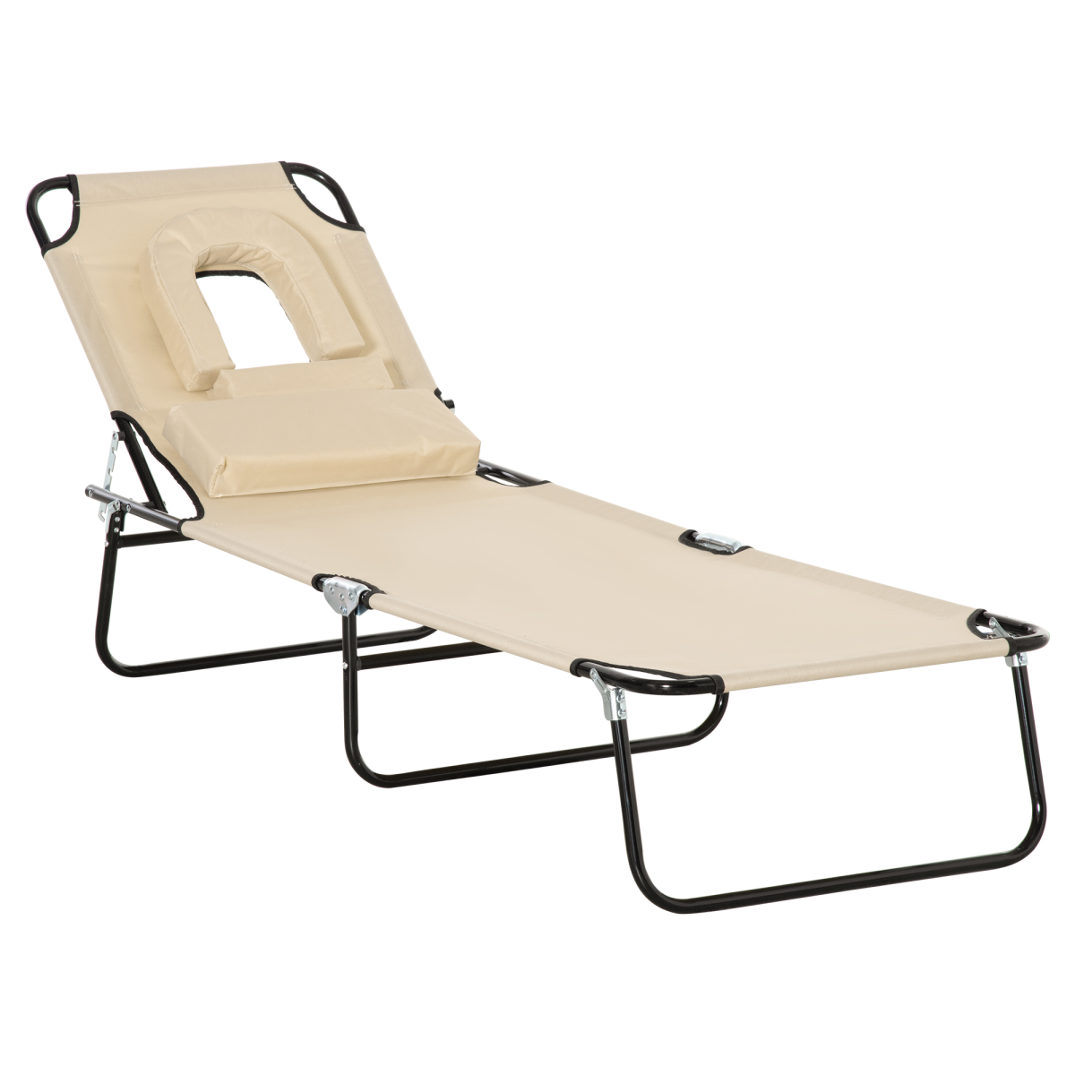 Outsunny Foldable Sun Lounger Reclining Chair with Padded Face Hole, Adjustable Backrest, Beige