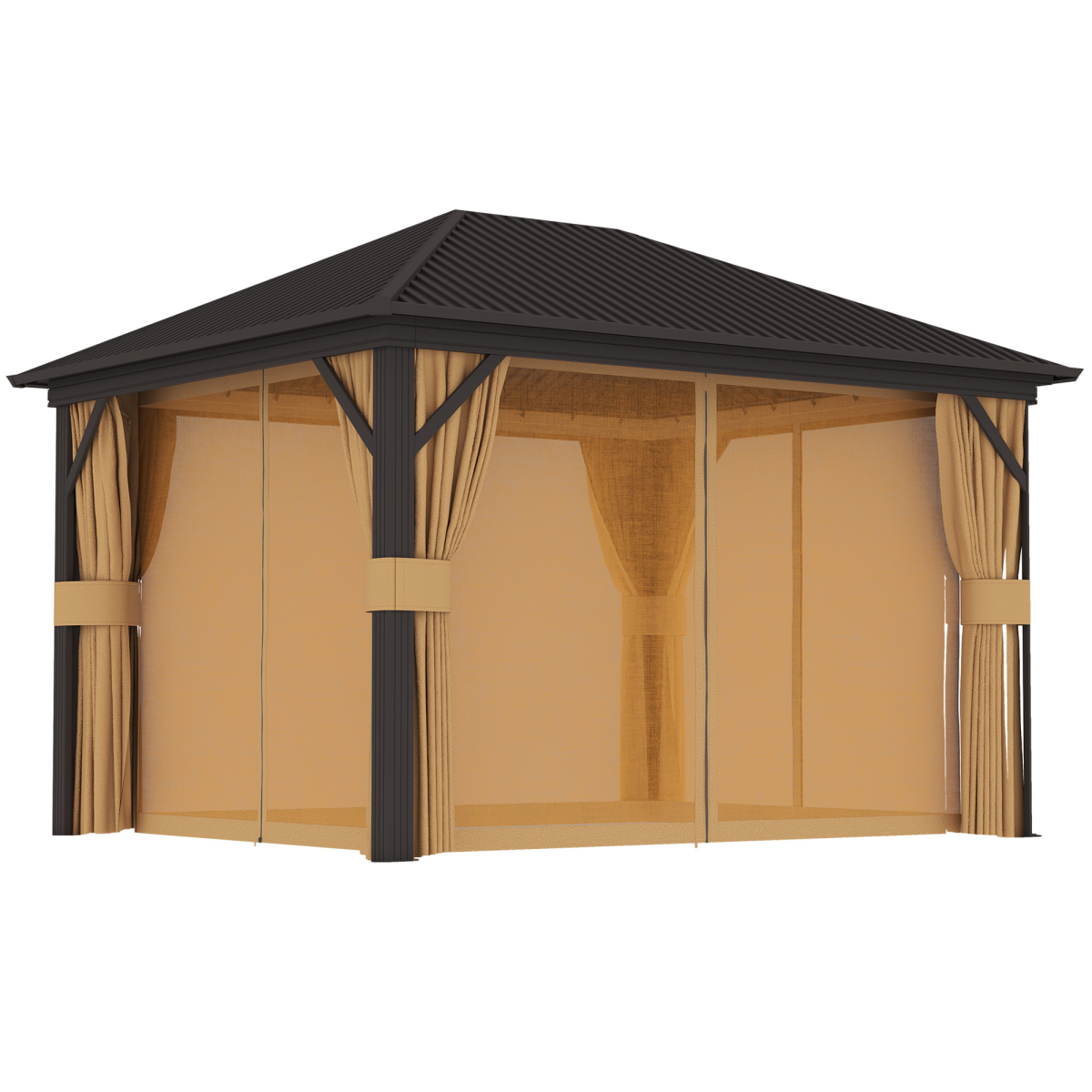 Outsunny 3.63 x 3m Metal Hardtop Garden Gazebo with Screened Curtains, Brown