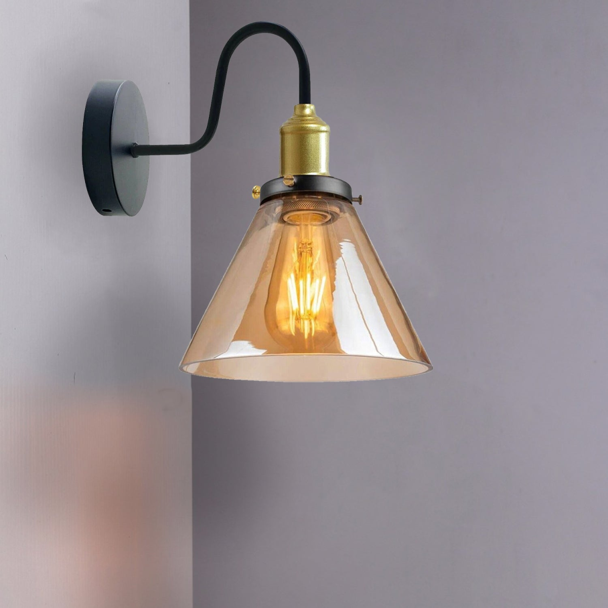 Modern Amber Glass Wall Light with Copper Plate Base, E27, Dimmable, Indoor Wall Mounted