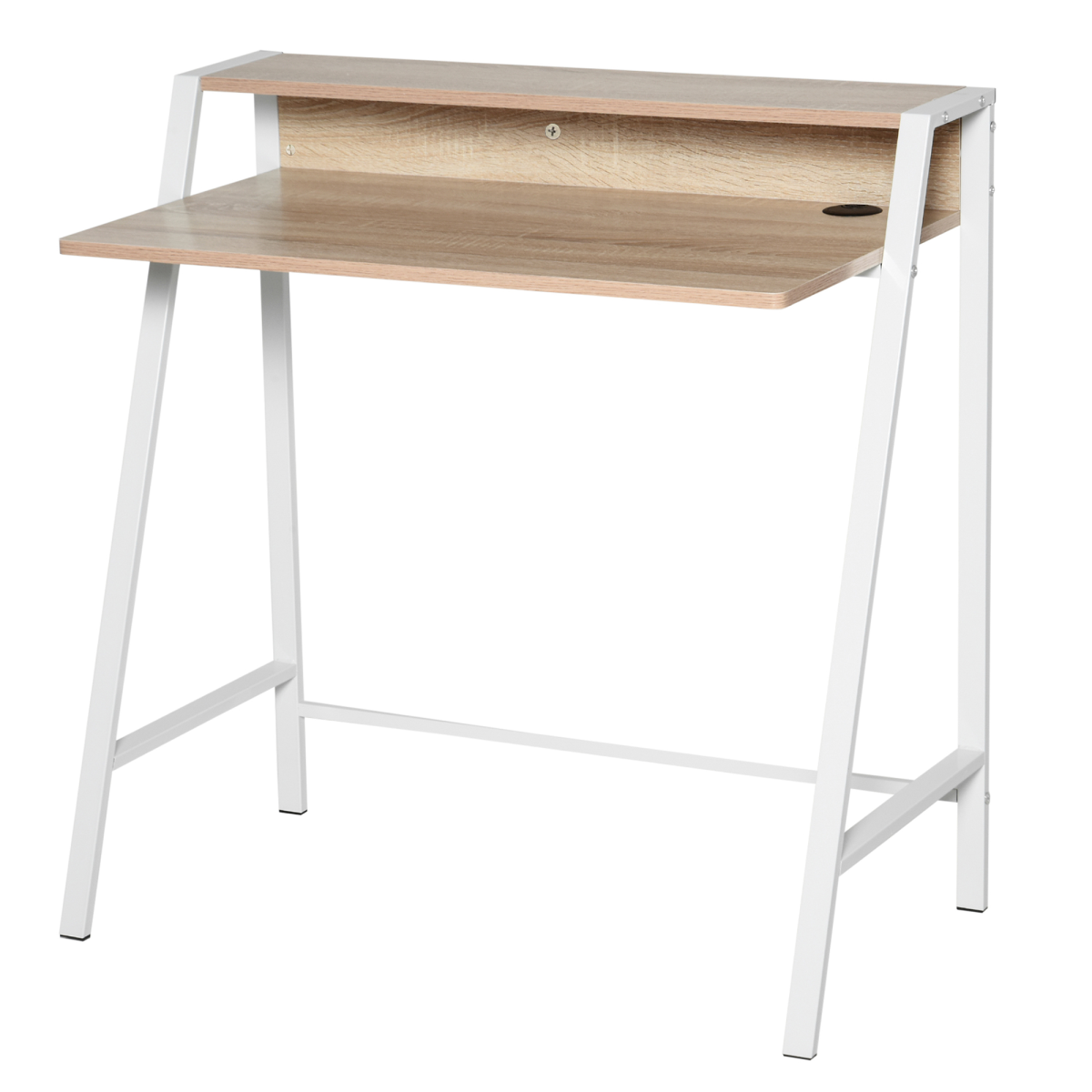 HOMCOM White and Oak Computer Workstation Storage Shelf, Two-Tier Tabletop, Steel Frame, 20kg Max Load