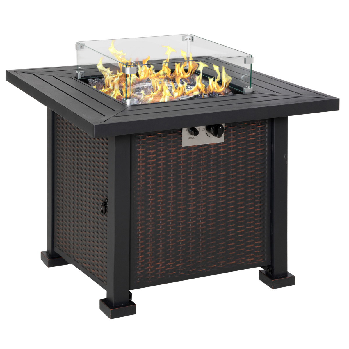 Outdoor Propane Gas Fire Pit Table with Glass Wind Screen and Glass Beads, Black, 50000 BTU, Outsunny