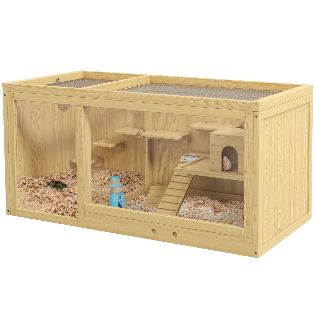 PawHut Wooden Hamster Cage with Water Bottle, Platforms & Openable Roof