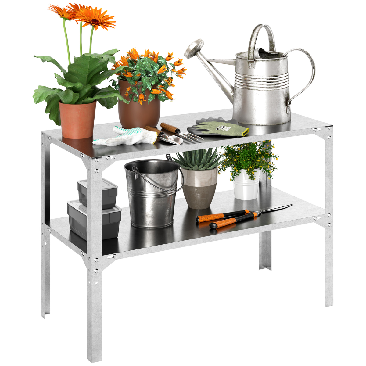 Outsunny 2 Tier Galvanised Steel Potting Bench Table, Silver Tone, Outdoor Gardening Work Bench with Storage Shelves