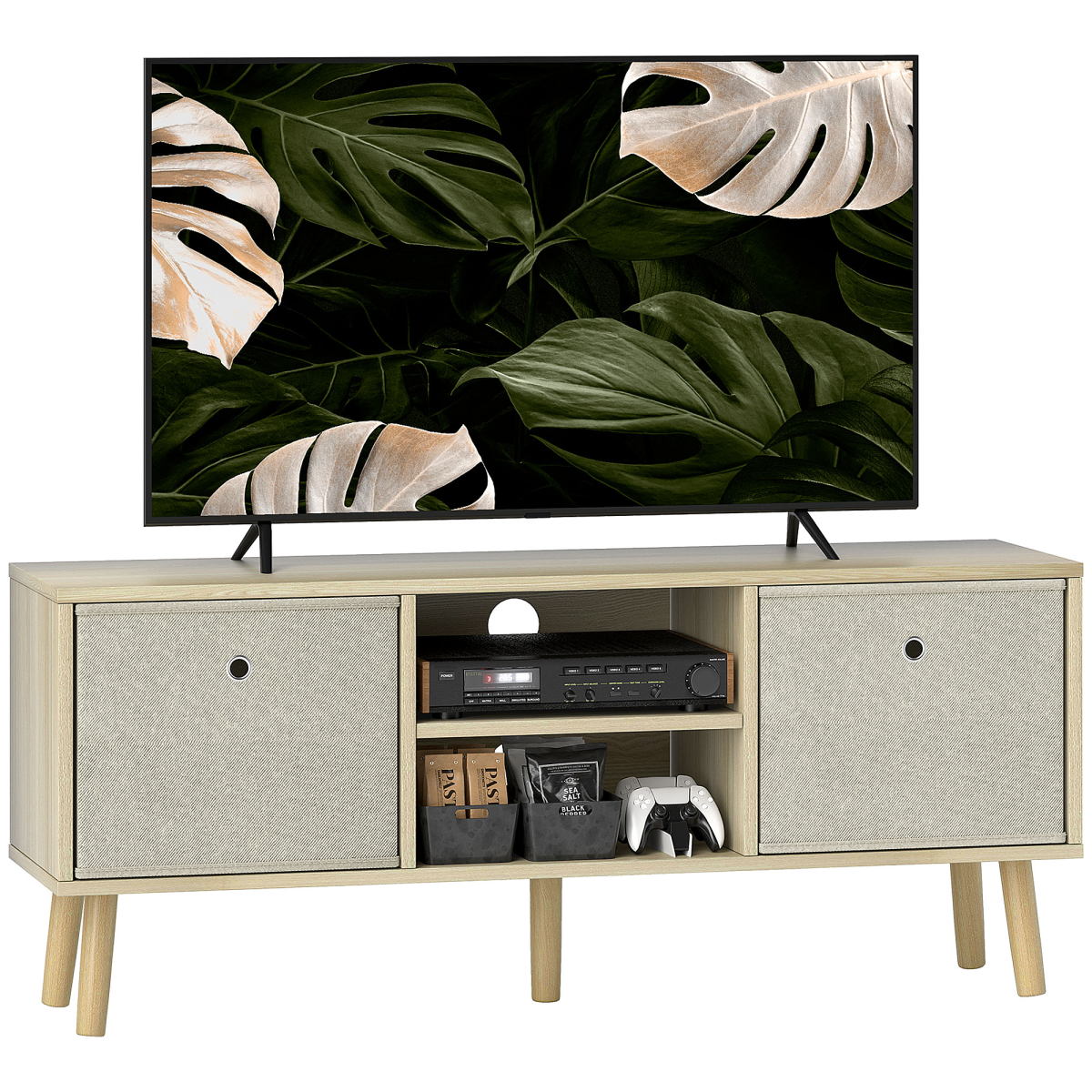 HOMCOM TV Cabinet Stand with Shelves & Drawers, Natural Wood