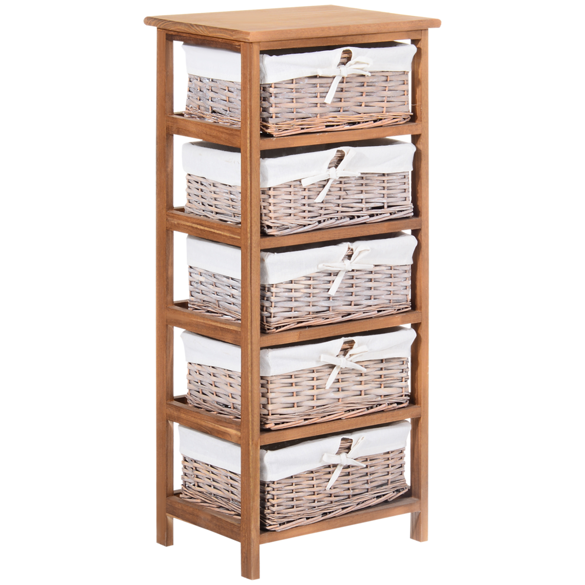 HOMCOM 5-Drawer Wooden Storage Unit with Wicker Woven Baskets and Removable Liners