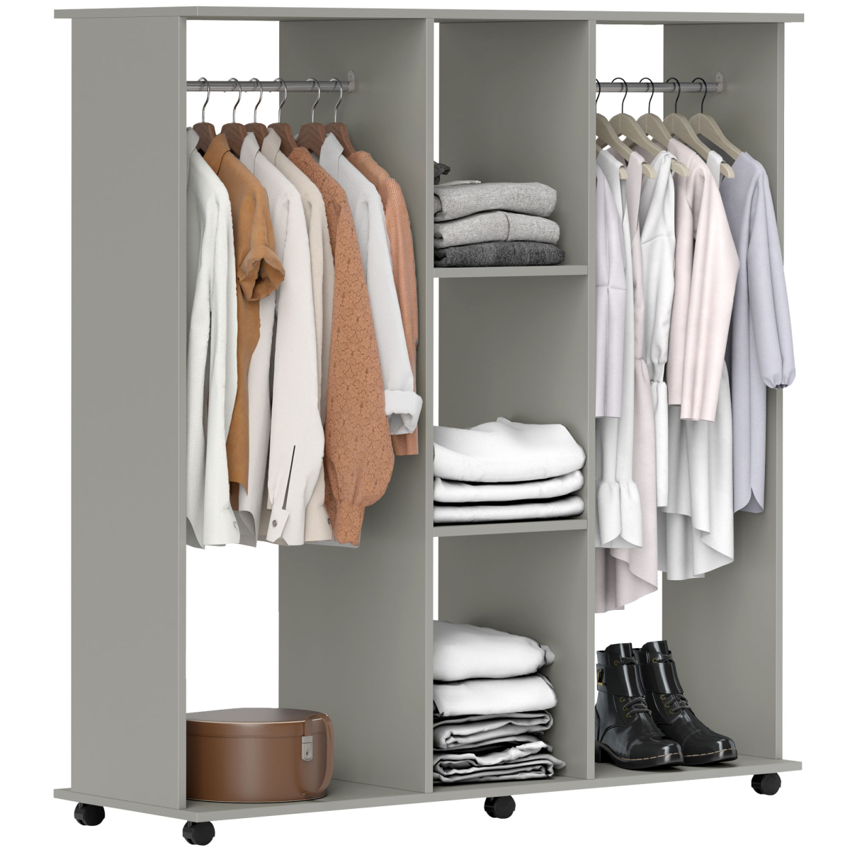 HOMCOM Mobile Double Open Wardrobe with Hanging Rails, Grey