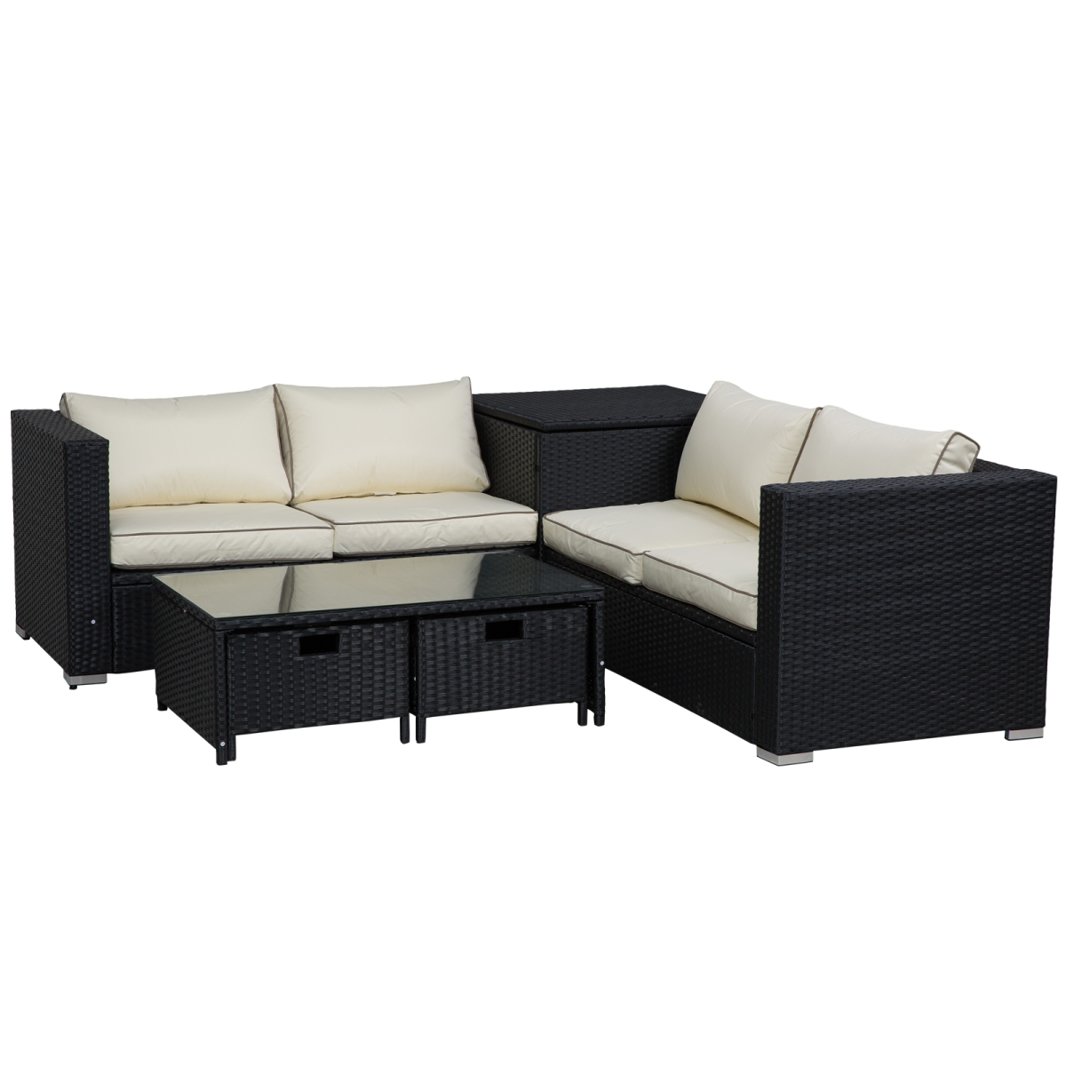 Outsunny 4-Seater Rattan Wicker Garden Patio Sofa Set with Storage Table and Coffee Table Black
