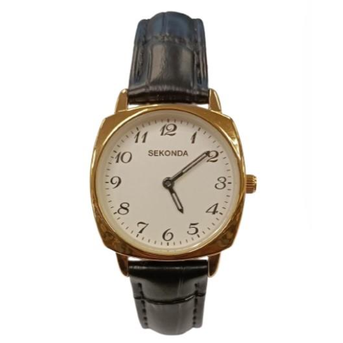Sekonda Ladies Quartz Watch with Gold Plated Case, White Dial and Black Leather Strap