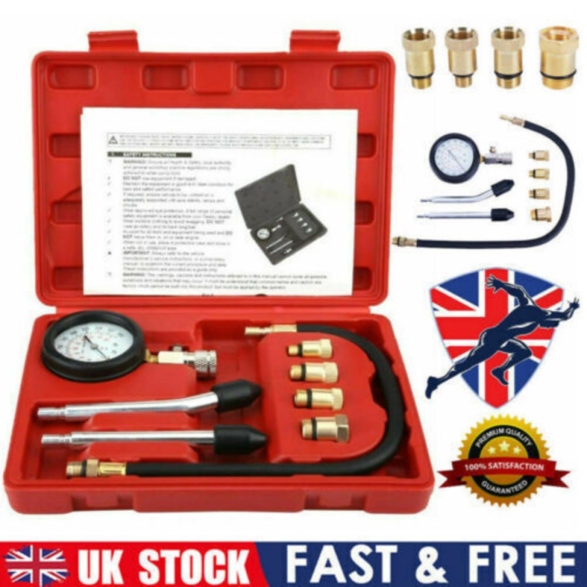 Petrol Engine Cylinder Compression Tester Gauge Kit, 0-300 PSI / 0-20 Bar, M10/M12/M14/M18 Threads