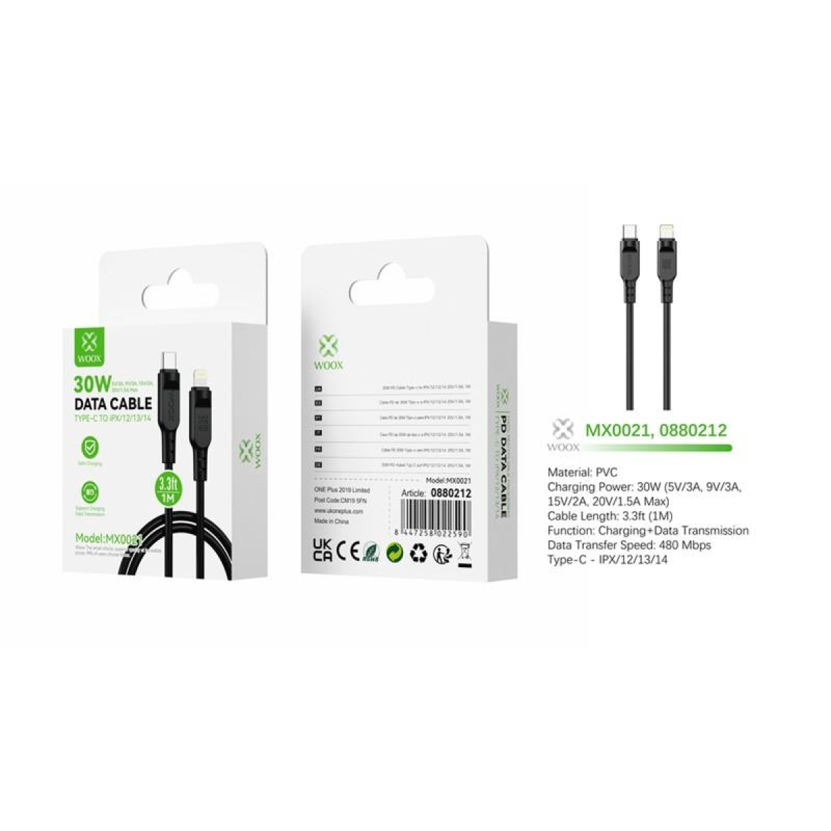 Woox MX0021 Type C to Lightning PVC Data Cable, 30W, 3.3ft (1m), Black