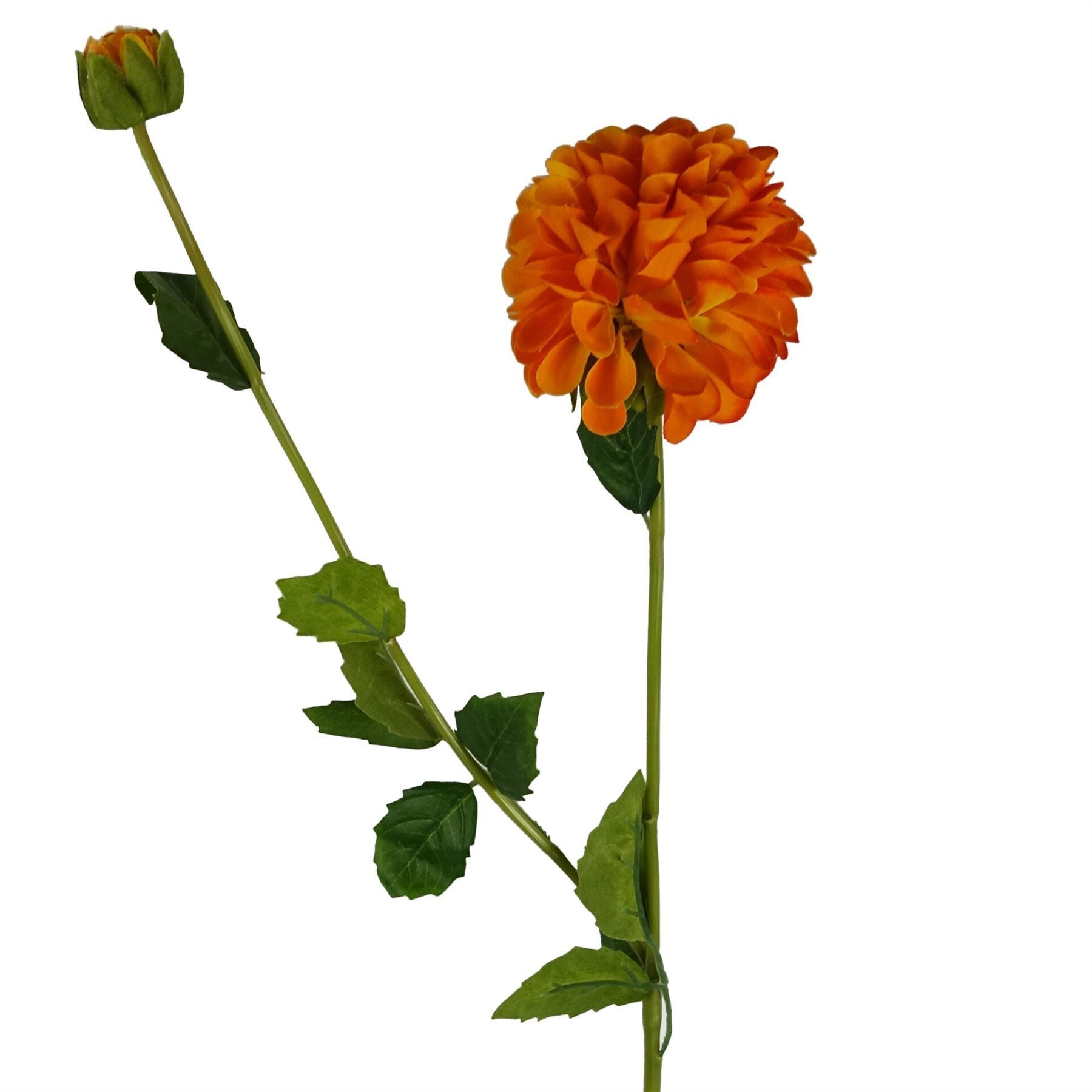 Leaf 75cm Artificial Orange Dahlia PomPom Flower Stem