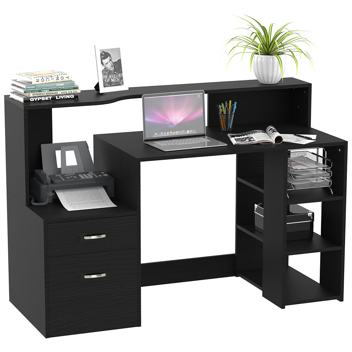 HOMCOM Multi-Storage Workstation Desk Table with Side Shelves, Drawer Cabinet and Printer Space, Black