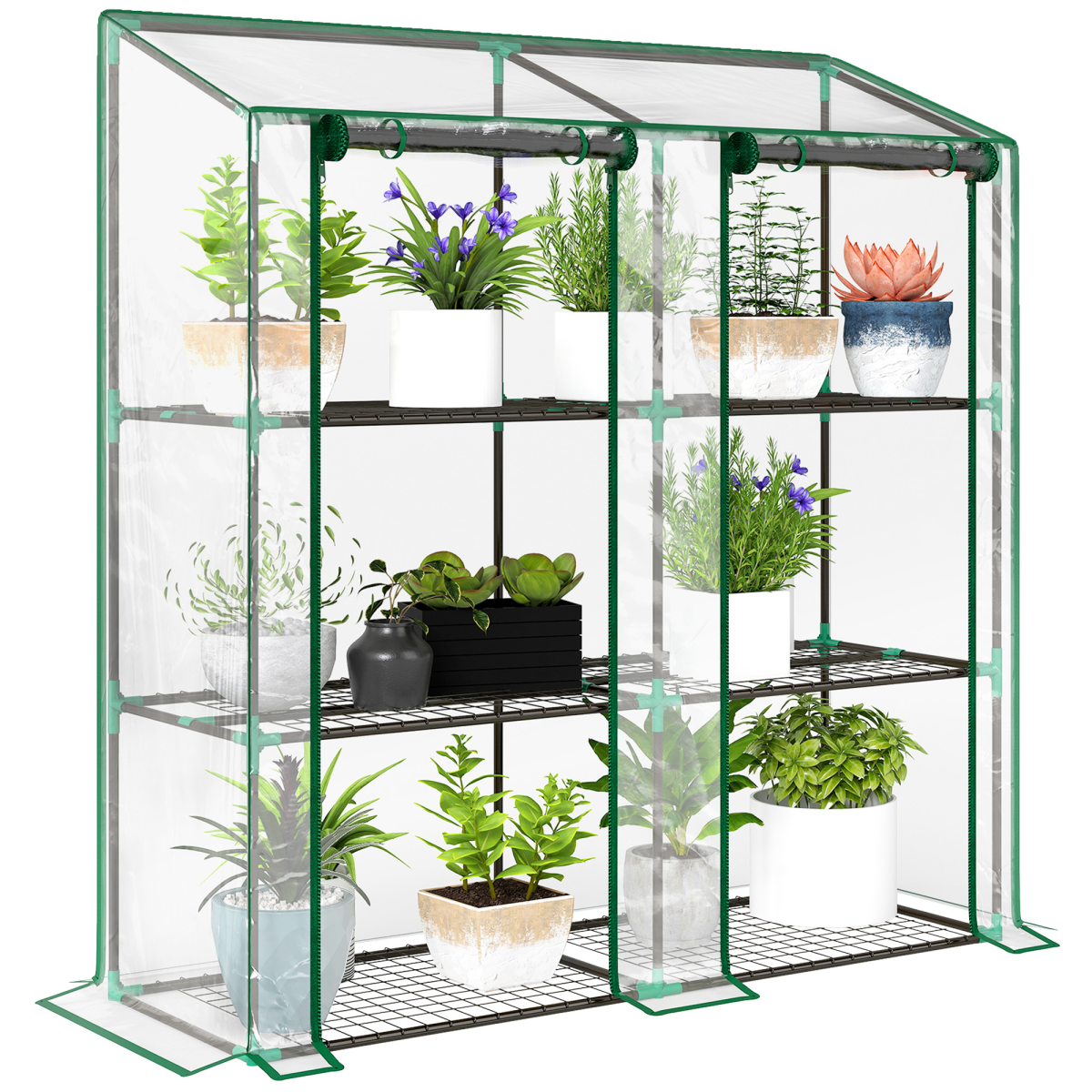 Outsunny Mini Lean-To Greenhouse with 3-Tier Shelves, Clear, 143L x 46W x 141/151Hcm