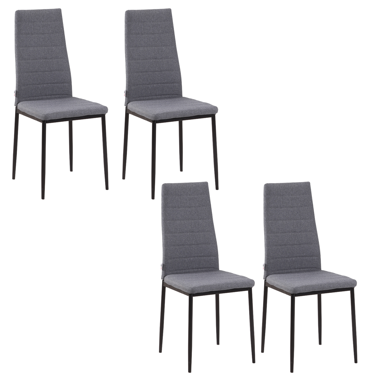 Set of 4 High Back Upholstered Dining Chairs, Grey Linen-Look Fabric, Steel Legs