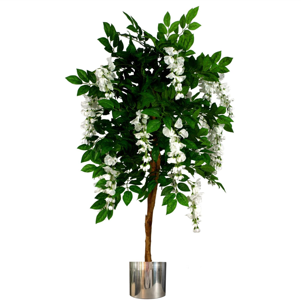 130cm Premium Artificial Wisteria Tree with White Flowers, Real Wood Trunk and Metal Planter