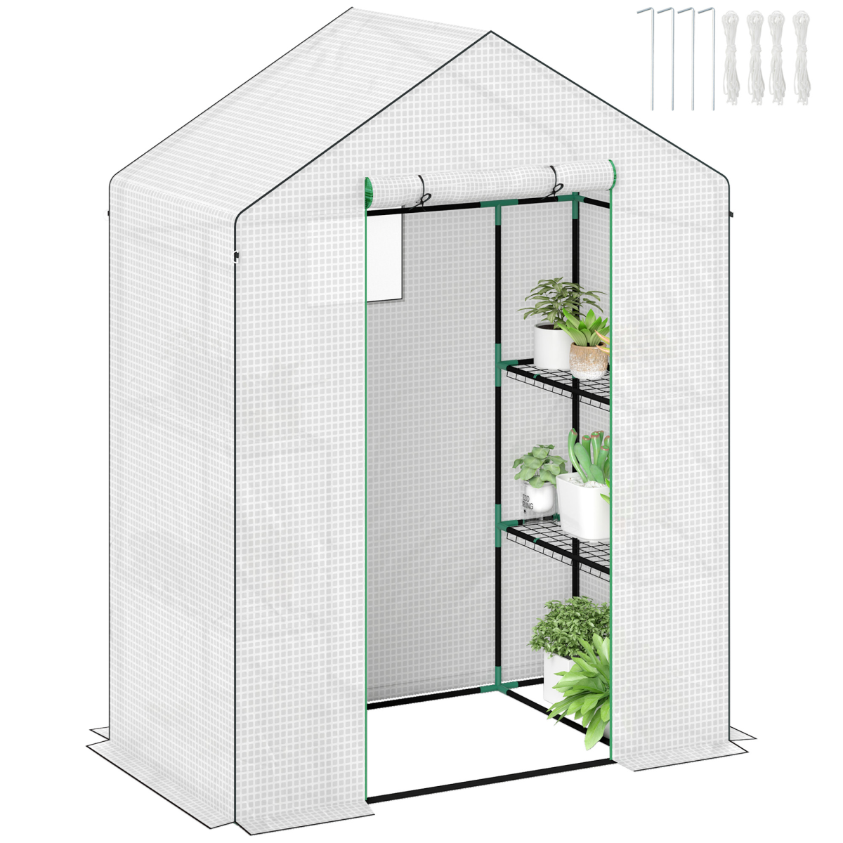 Outsunny Walk-In Greenhouse with 4 Shelves, Outdoor, White