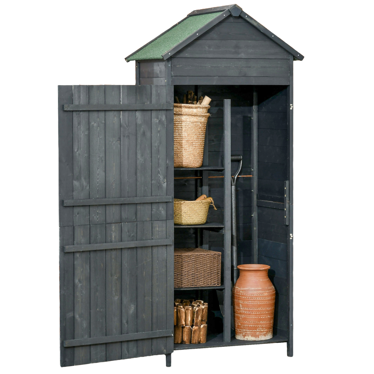 Outsunny Wooden Garden Storage Cabinet with 3 Shelves, Grey, Locking
