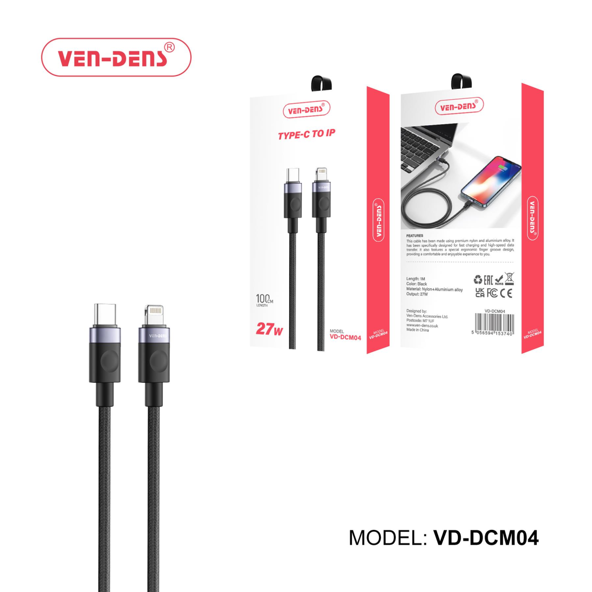 Ven-Dens 27W USB-C to Lightning Charging Cable, 1m