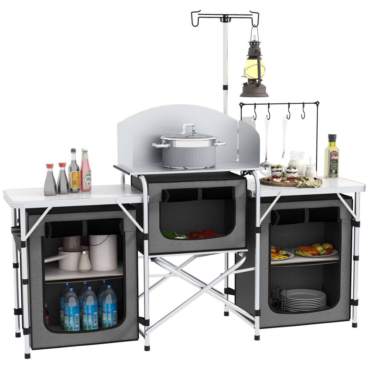 Outsunny Folding Camping Kitchen with Windshield, Lamp Stand & Carry Bag