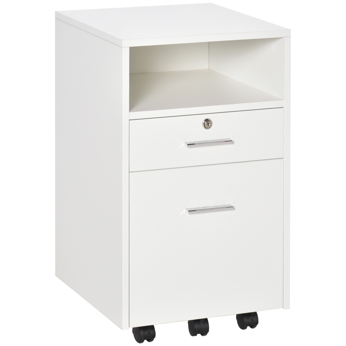 Mobile Lockable File Cabinet with Drawer, Open Shelf, 5 Wheels, White, Vinsetto