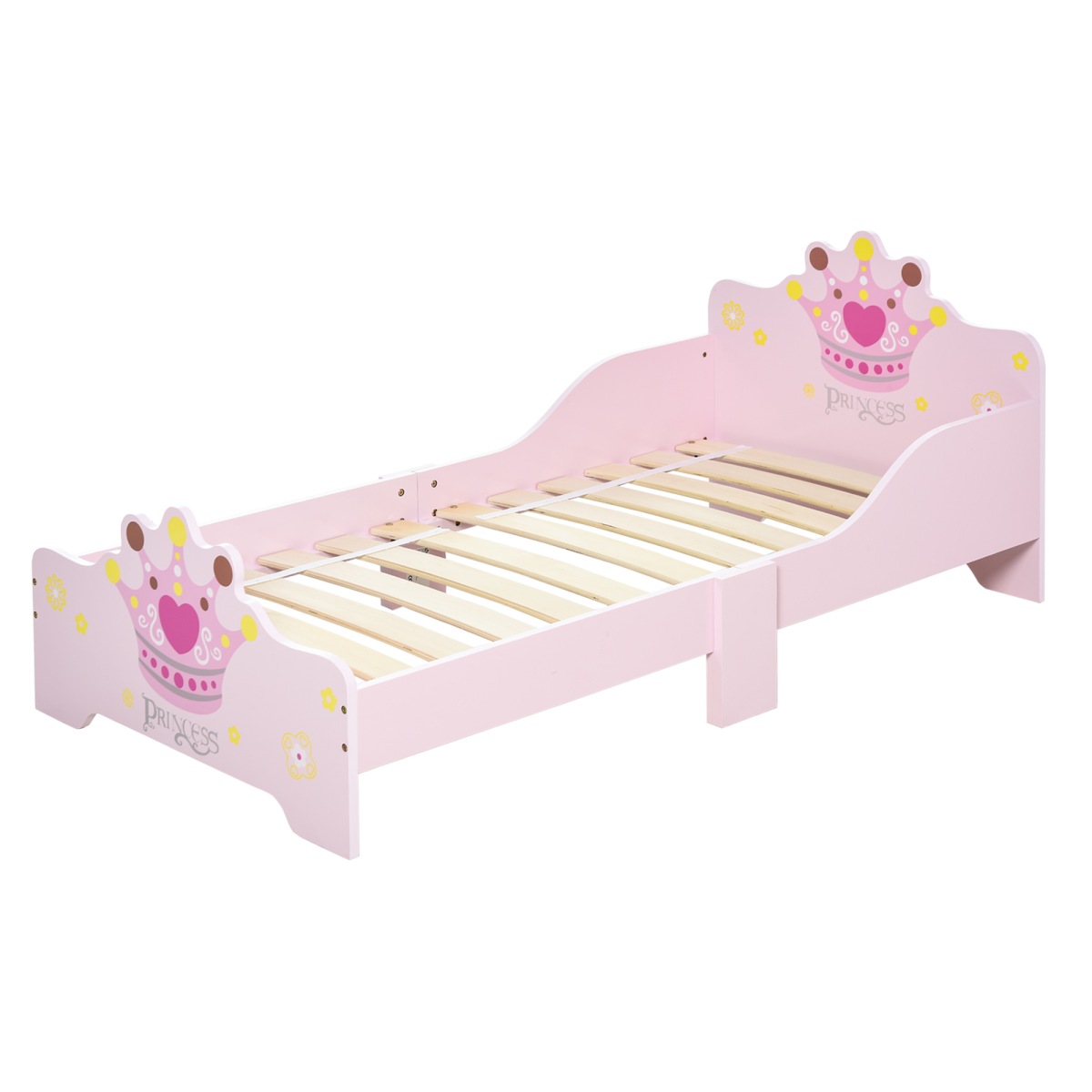 Homcom Kids Pink Princess Crown Wooden Bed with Side Rails