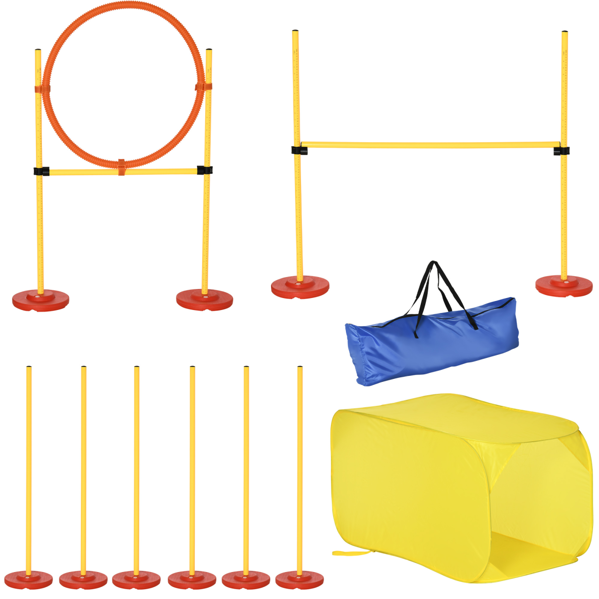 Outdoor 4-Piece Dog Agility Training Set with Adjustable Jump, Tunnel, Poles and Carrying Bag