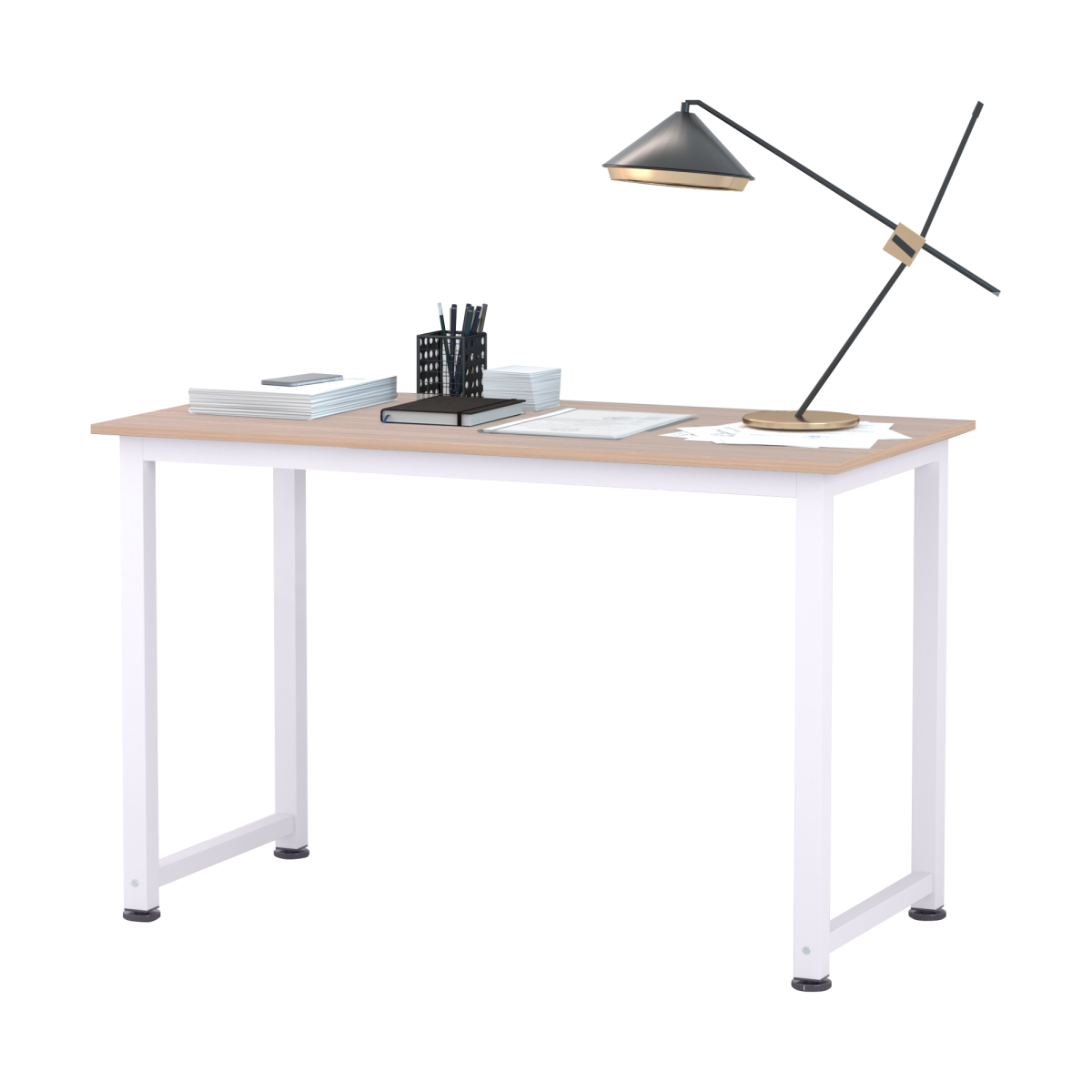 HOMCOM Oak Grain Tone MDF Writing Desk with White Metal Frame, 120W x 60D x 76Hcm