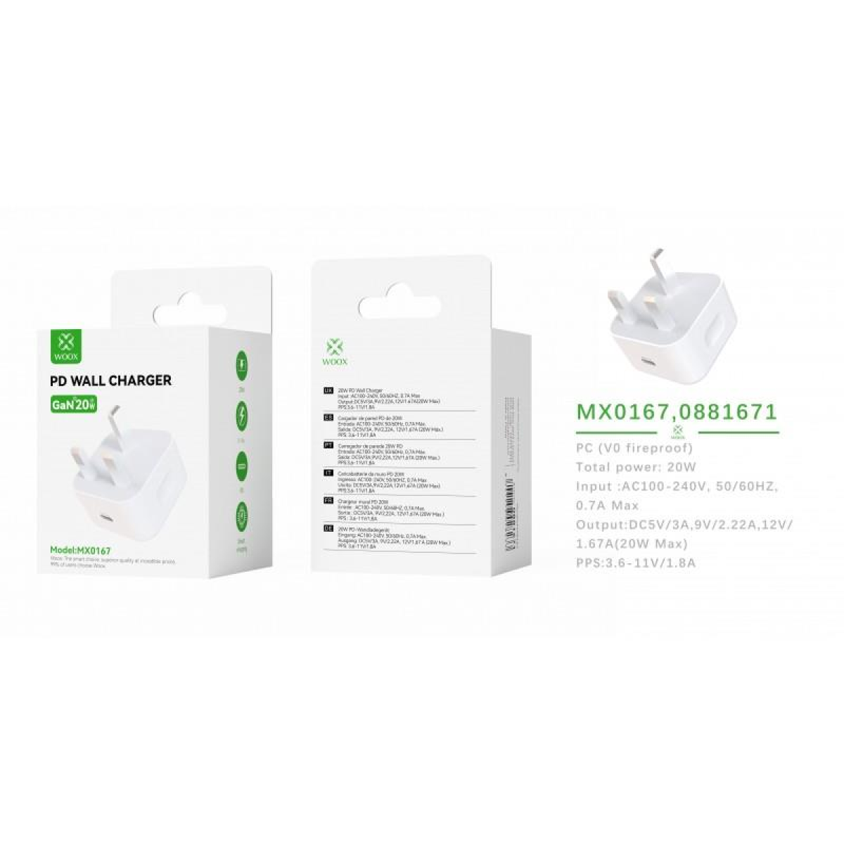 Woox MX0167 20W PD UK Type-C Wall Charger, White