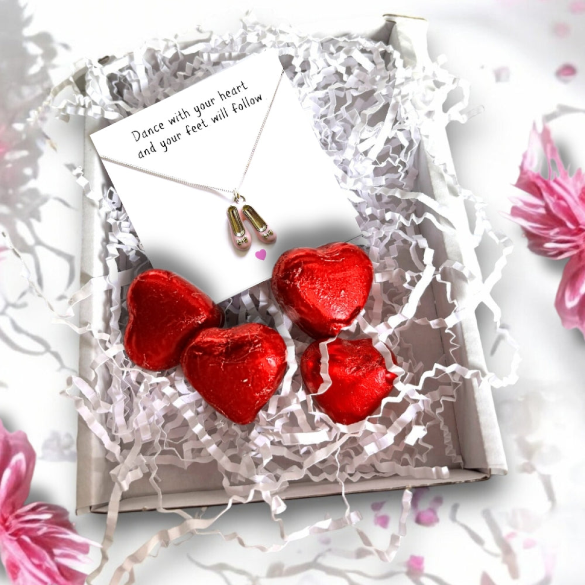 Sterling Silver Ballet Shoes Charm Necklace Gift Hamper with Milk Chocolate Hearts